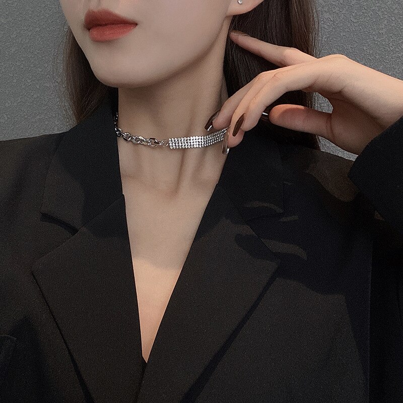 Aomu titânio aço grosso corrente brilha strass metal prata cor colar clavícula corrente coreia gargantilha colar para mulher