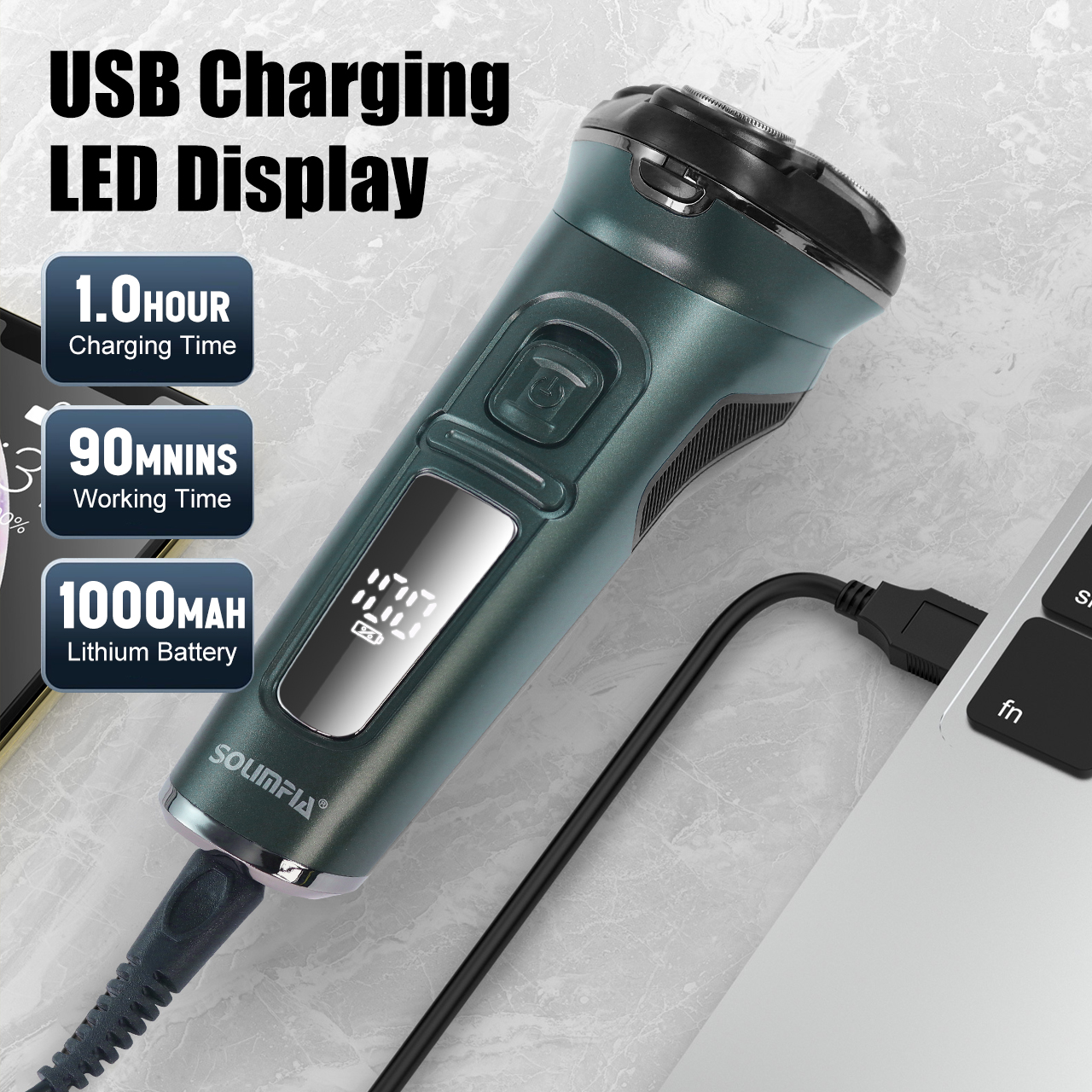 Solimpia-Afeitadora eléctrica resistente al agua con pantalla LCD para hombres, afeitadora Facial con cuello seco y húmedo, recargable por USB