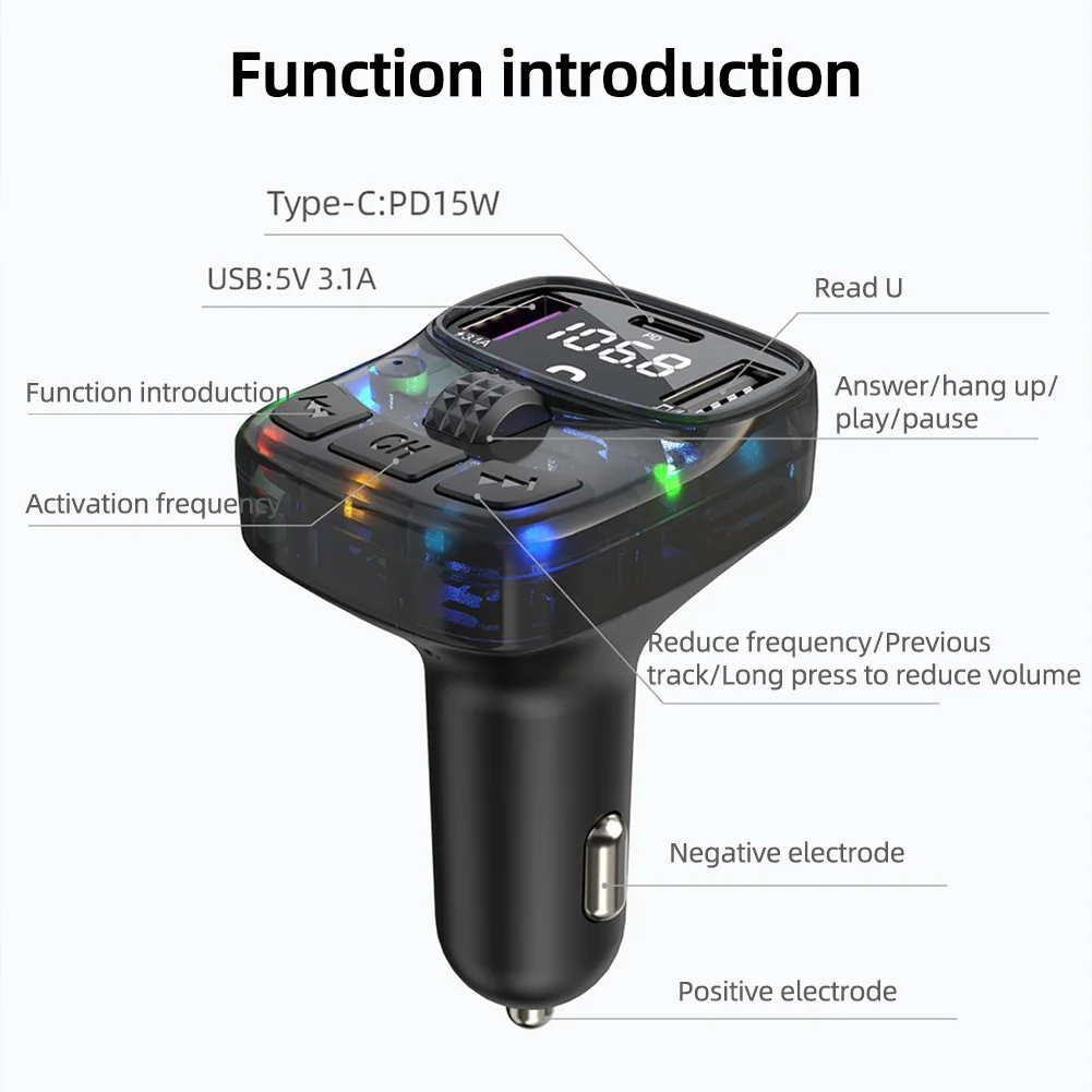 Bluetooth 5.3 Autoladung FM-Sender Freisprecheinrichtung Funkmodulator MP3-Spieler mit PD15W Superschnellladeadapter
