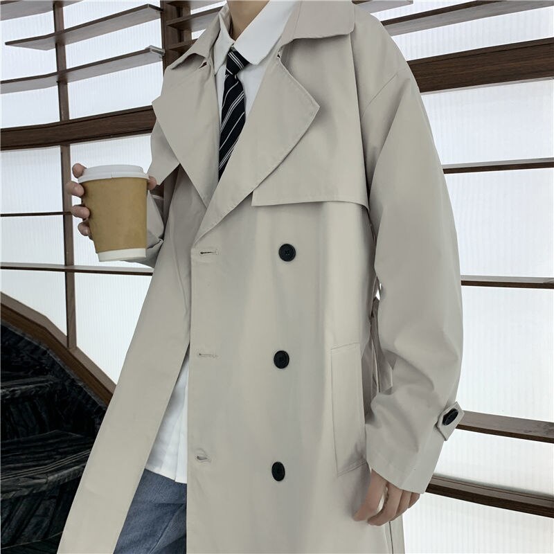 Trench-Coat décontracté pour homme, Long manteau à Double boutonnage, coupe-vent ample, style coréen, à la , gris, kaki, noir