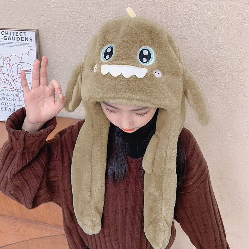 Doitbest-gorros de invierno con orejas móviles para niño y niña, gorro de terciopelo con tiburón grande, bufanda de una pieza, gorros con orejeras: Castaño