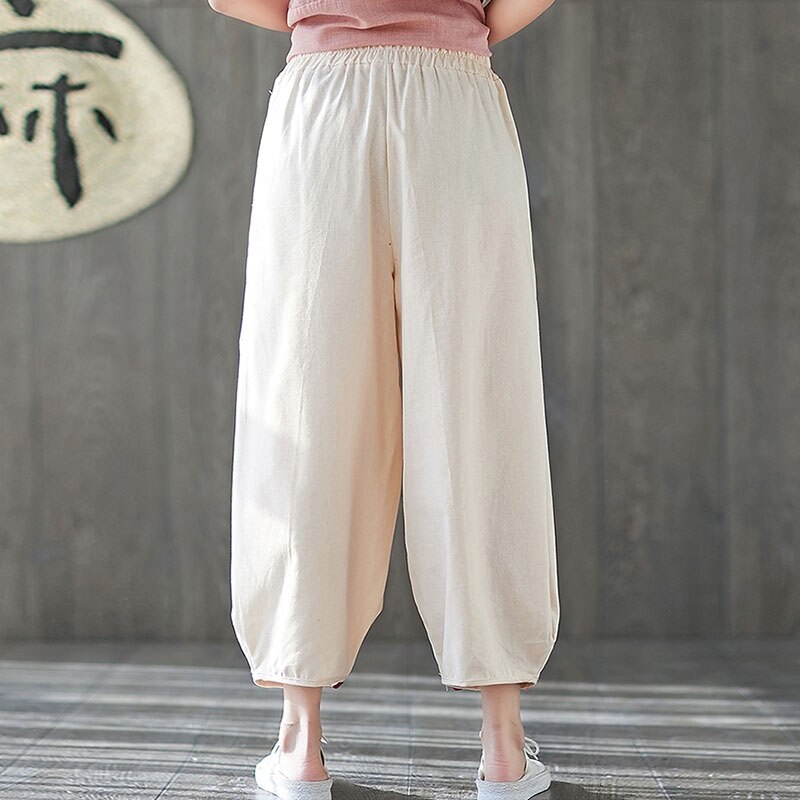 in poi-linea Negozio di 2020 Cinese Cinese Pantaloni Femminili Del Cotone di proprietà di lino Elastico in Vita Nero Del Ricamo dell'annata Pantaloni Stile harem 10429