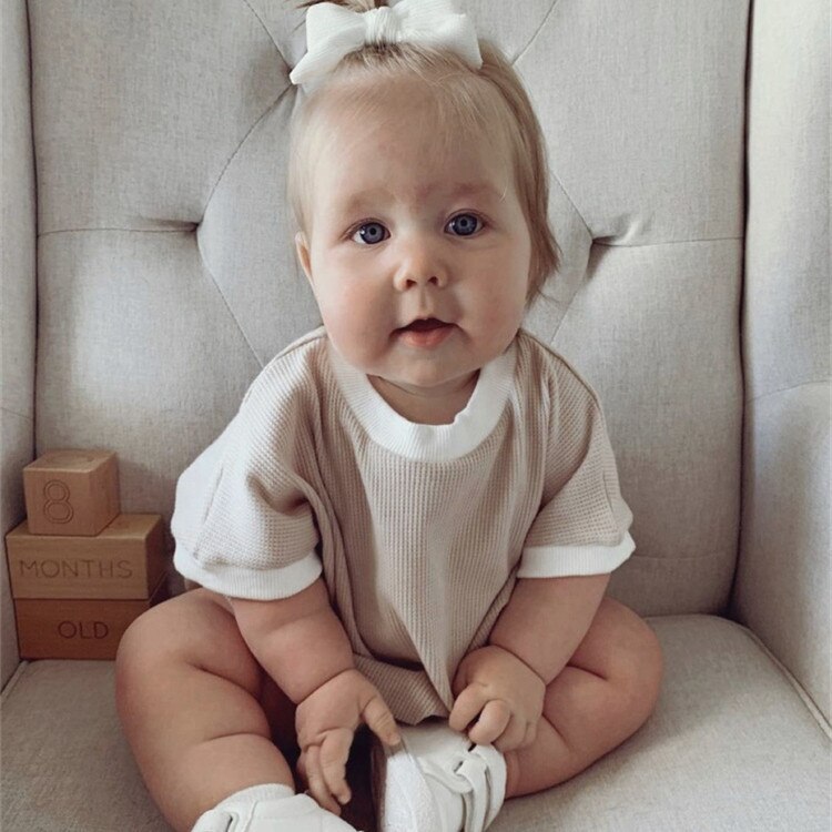 Summer Newborn Baby Rompers Soild Color Jumpsuits Waffle Boys Clothes Girl Cotton Short Sleeve Infant Boys Romper 0-24 Months: Khaki / 73(6-12M)