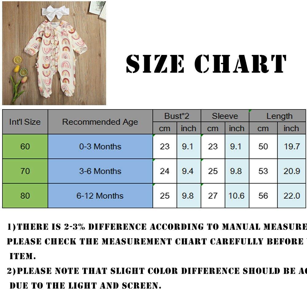 neugeborenen Baby Footies Gesamt Baumwolle Komfortable Langarm Rüschen Regenbogen Drucken Gesamt + Bogen Stirnband Outfit 2Stck