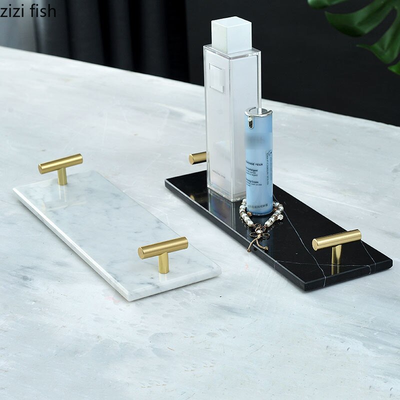 Bandejas de mármol Natural para decoración del hogar, bandeja decorativa con mango dorado, estante para baño, tocador, cosméticos, organizador de joyas