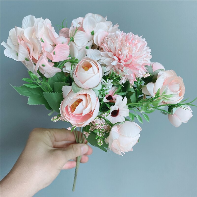 Dahlia buket med grønne blade og roser silke kunstige blomster til hjemmet bryllupsfest dekoration flores artificiais: Lyserød