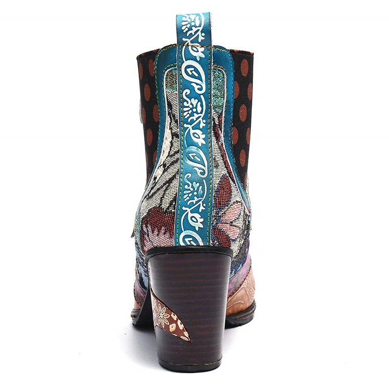 Botas étnicas coloridas de cuero de la PU que empalman los zapatos elegantes de las mujeres de las botas cortas de los tacones altos de la cremallera de la flor