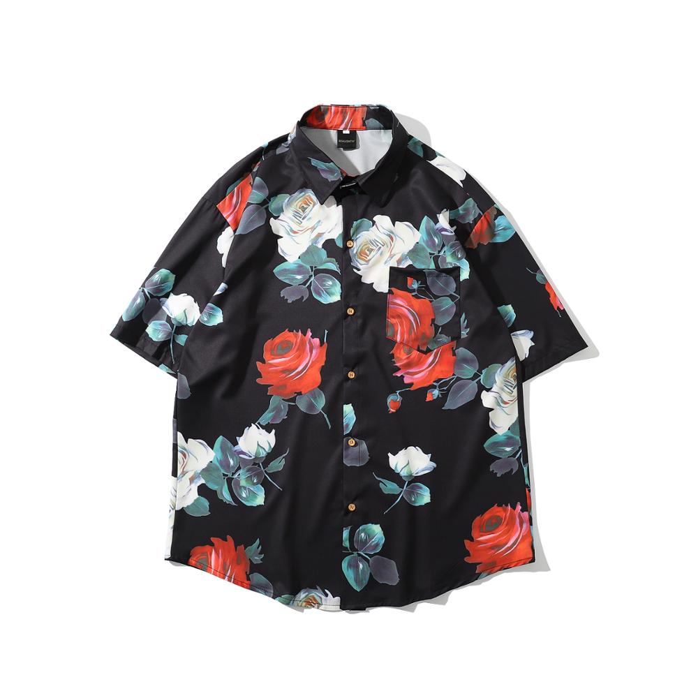 Camisas estampadas con flores rosas para hombre, camisa Floral de manga corta para hombre, blusas básicas para hombre, camisas casuales para hombre: Black / M