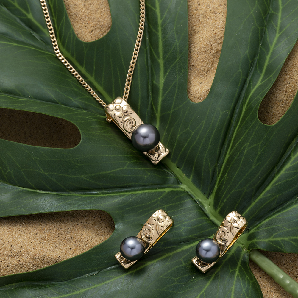 SophiaXuan Hawaiian Jewelry Set Pink Pearl Necklace Polynesian Necklace Samoa Gold Plated Earrings Set for Women