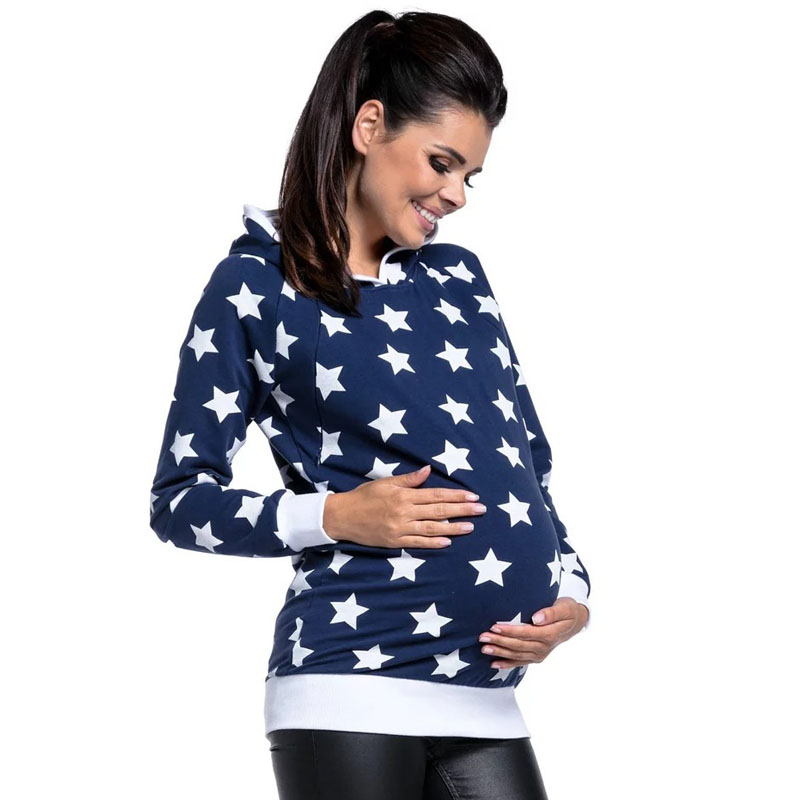 Autumn Winter Zipper Nursing Sweatshirts Maternity Hoodies Clothes For Pregnant Women Hooded Breastfeeding Pregnancy Feeding Top: Blue / L