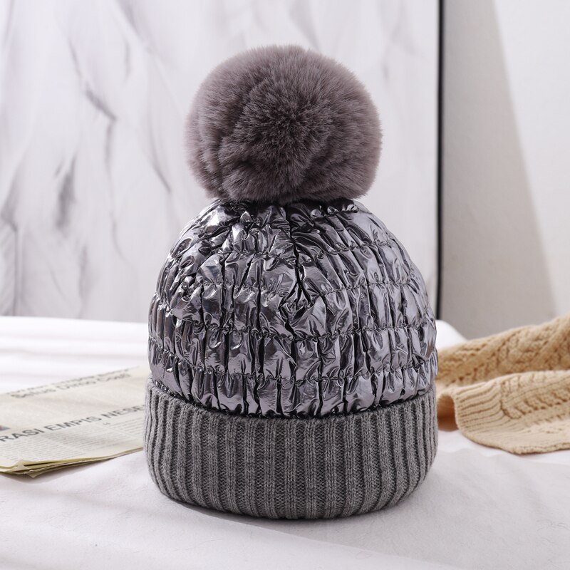 Cntang hoed voor dames, warme wintermutsen, donsmutsen, imitatie konijnenbont pompon, reflecterende mutsen, dames casual pet: Donkergrijs