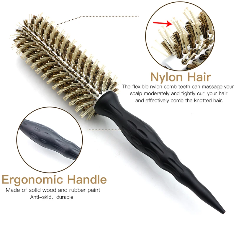 Escova redonda de cabelo profissional para salão de beleza, cerdas de javali de cerâmica, antiestática e resistente ao calor, ferramenta de estilo para cabeleireiro e barbeiro