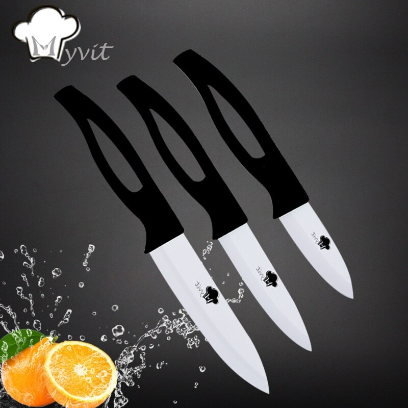 Køkken keramisk kniv sæt 3 4 5 tommer skære frugt hjælpeværktøj udskæring kniv hvidt blad grønt sort håndtag kogeværktøj: Sort