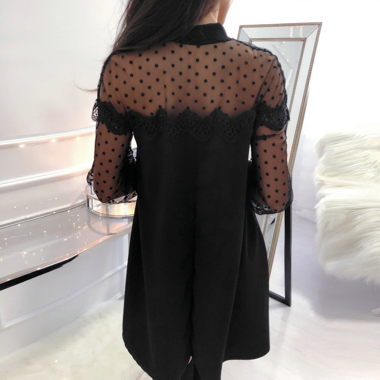 4# Women O-Neck Lace Dresses Splicing Long Sleeve Perspective Casual Sexy Slim Mini dresses for women Sexy vintage dress