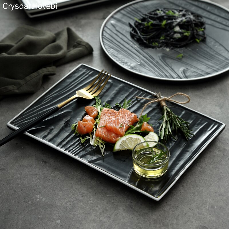 Nordisk stil bøf flade plader high-end vestlig restaurant tallerken sort og hvid rektangulær keramisk fad husholdningsartikler