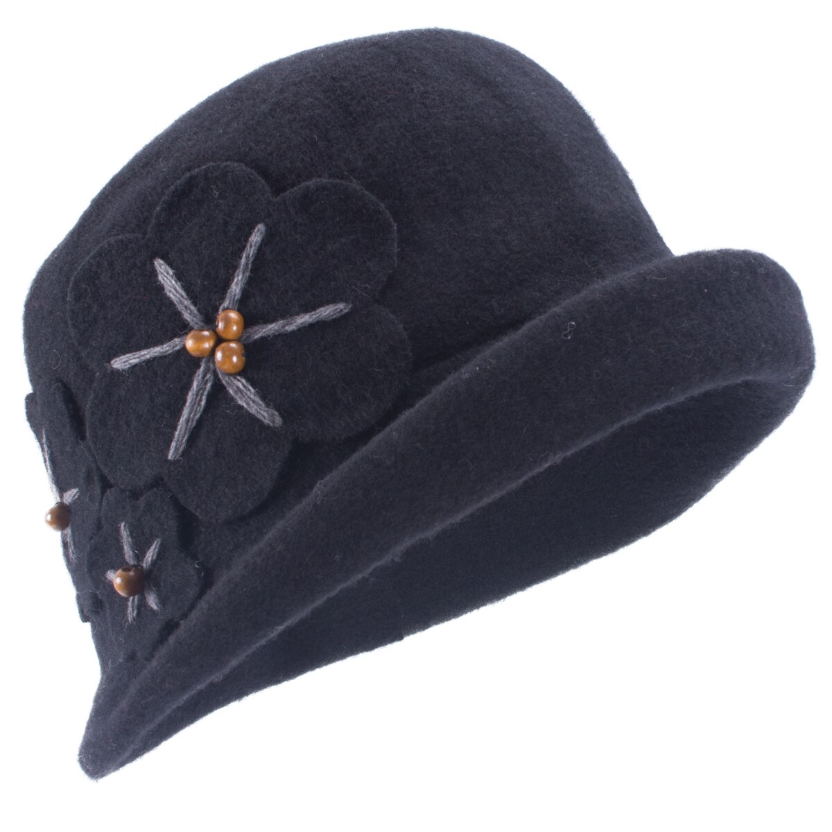 Bloemen Womens Vintage Style Opleving Rand Cloche Wol Emmer Winter Kerk Wedding Hoed A522: Black
