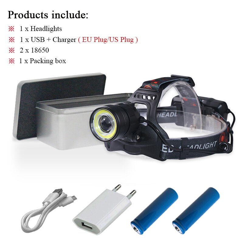 powerful Led head lamp xhp70 rechargeable led headlamp xhp 50 cob t6 head torch flashlight 18650 battery waterproof headlight: DHT434B1-BOX