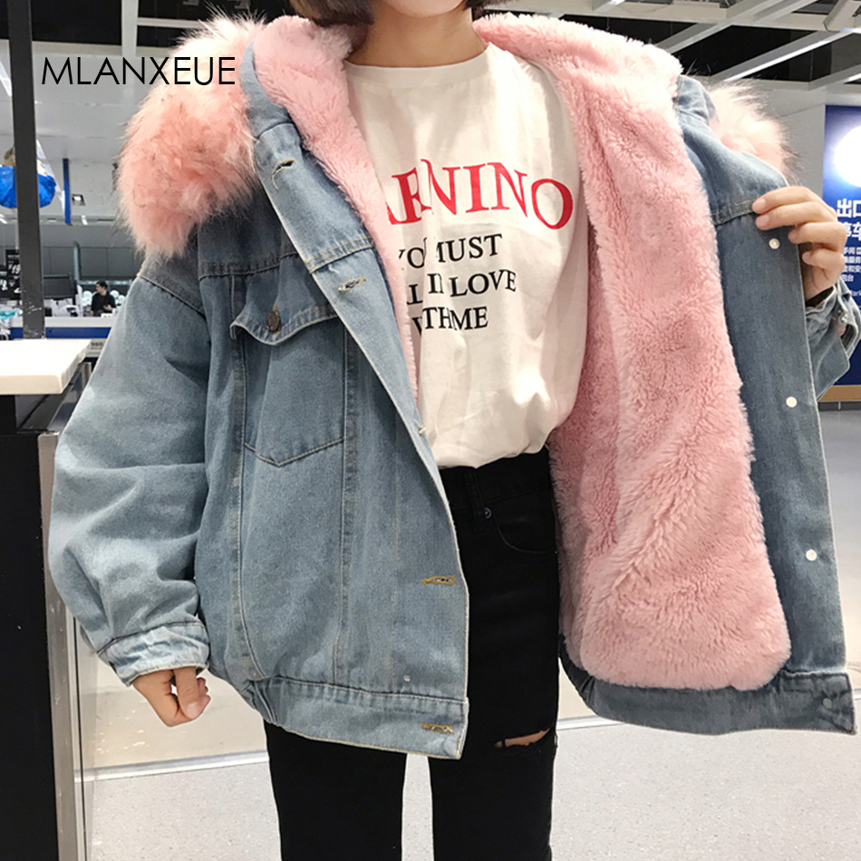 À capuche Fourrure Vestes En Jean Femme Doublure Coton Hiver Plus Épais Denim Manteaux Dames décontracté Veste Femme grande taille vêtements coupe large Haut
