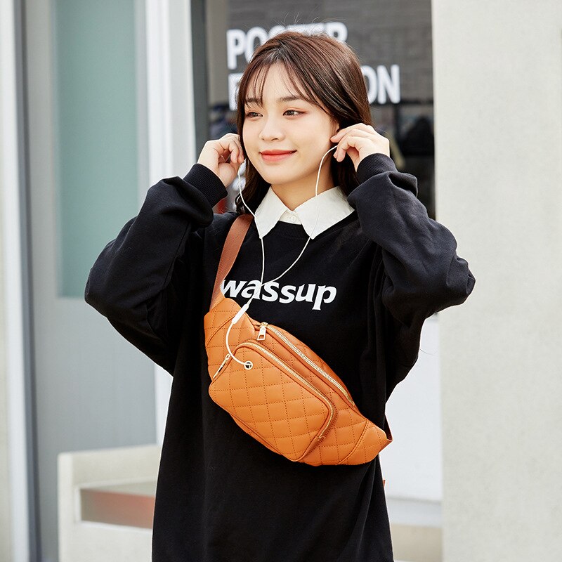 2022 linger brusttasche aus massivem pu-leder mit rautenmuster, damen-brusttasche, schwarze gürteltasche und geldbörse