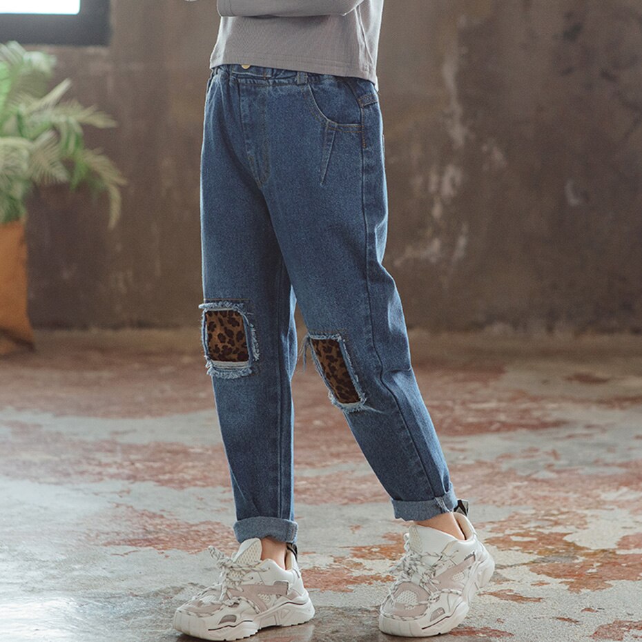 Jeans til piger leopard piger jeans bukser med hul efterår jeans børn casual stil tøj til piger 6 8 10 12 14