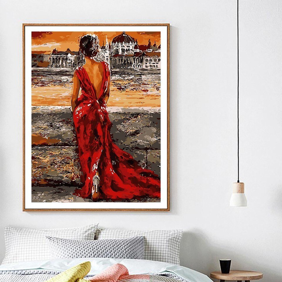 Azqsd maleri etter tall maling jente silhuett gjør-det-selv-lerret bilde håndmalt oljemaleri hjemmedekorasjon szyh 6297