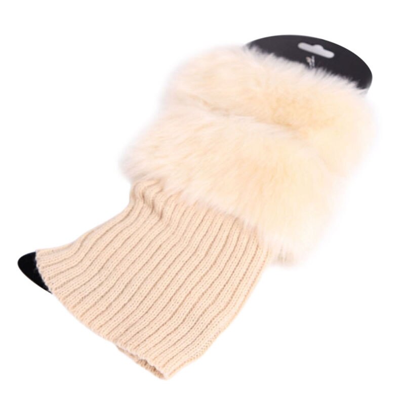 Women Winter Leg Warmers Lady Crochet Knit Fur Trim Leg Boot Socks Toppers Cuffs: Beige