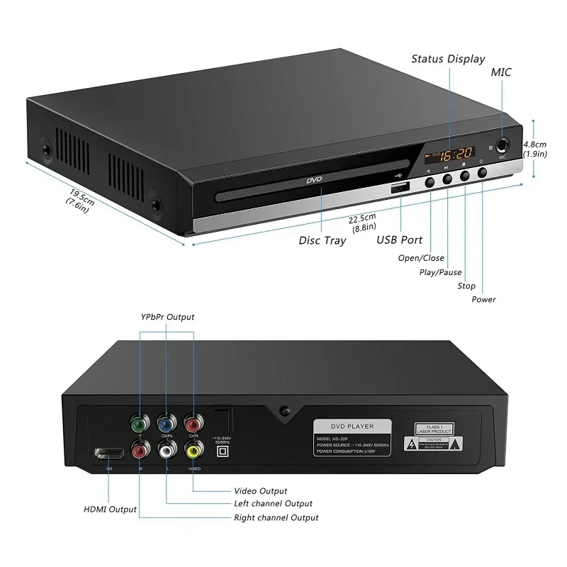 Full HD DVD-Player 1080P High Definition CD/EVD/VCD-Player mit AV- und HDMI-Ausgang Mikrofon USB für Home TV KTV Party