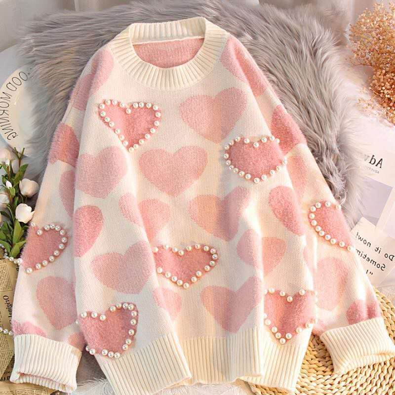 Pull en Jacquard épais tricoté pour femme, ample et rose avec perles, style coréen, collection automne et hiver: Rose