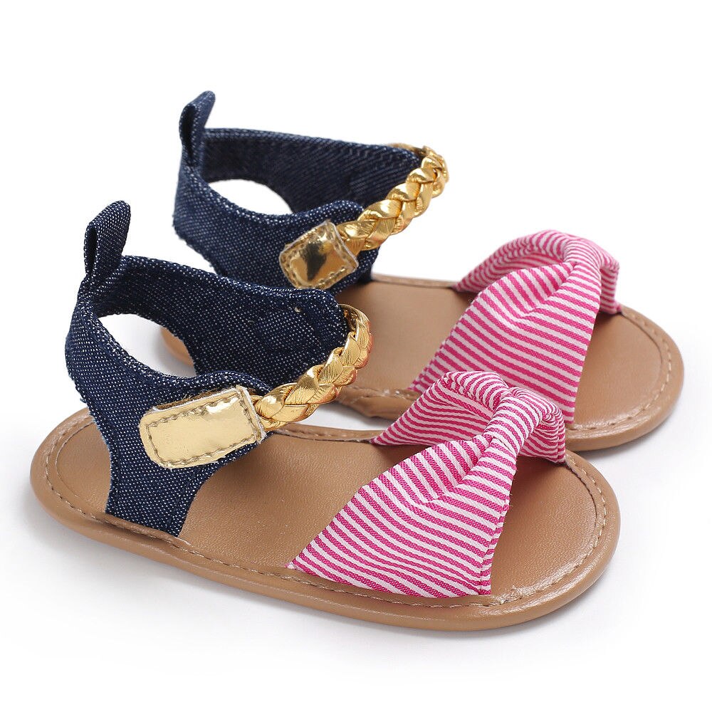 Peuter Meisje Baby Boog-Knoop Sandalen Zomer Canvas Baby Schoenen Prewalker 0-18M: Pink Striped / 13-18 months