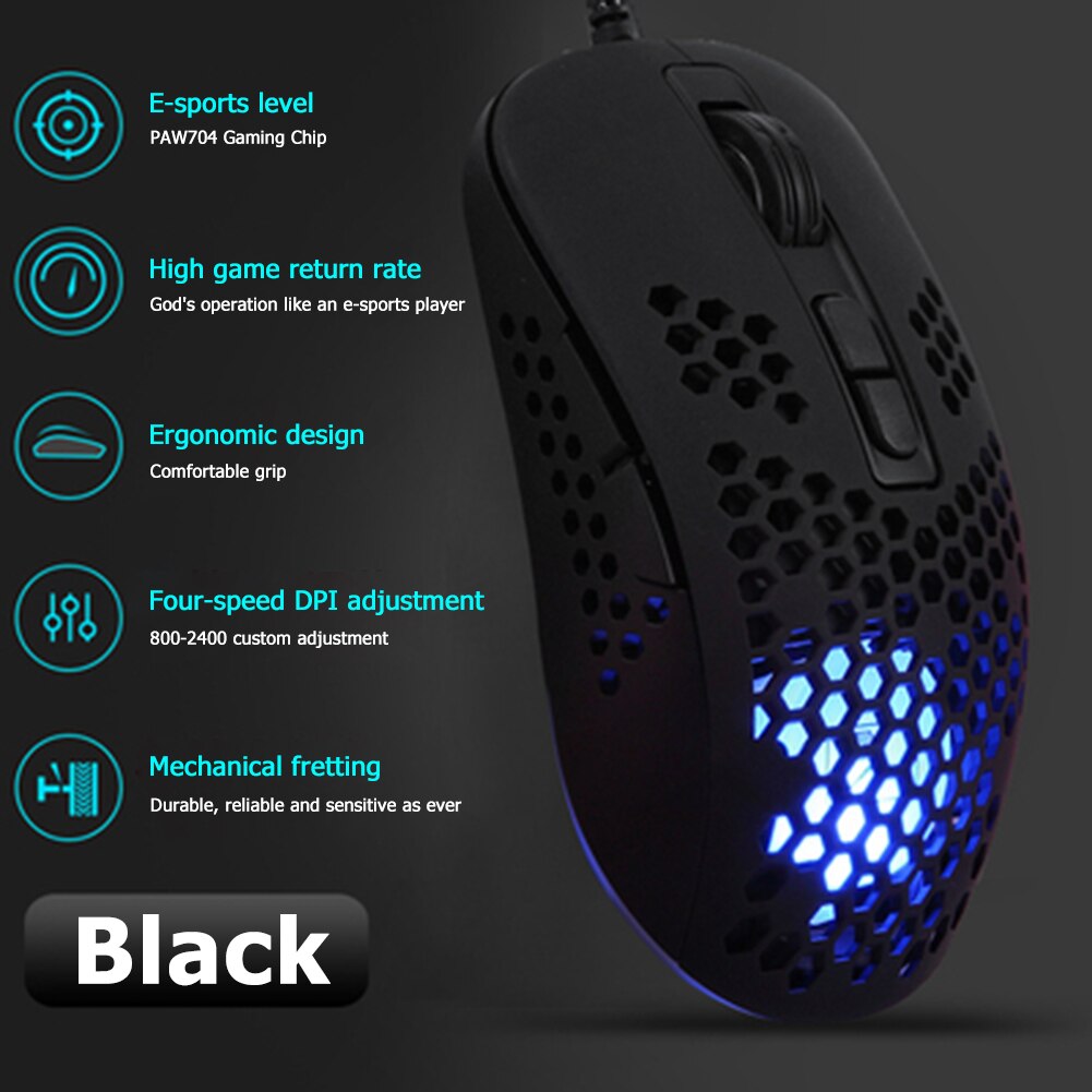383 Hollow Honeycomb Hole RGB Gaming Mouse PAW704 Game Chip 2400DPI Backlight USB Wired Optical Mice for Computer Accessories