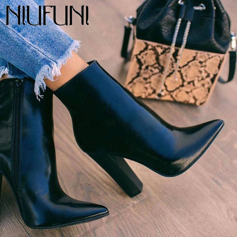 Niufuni nahkasaappaat naisten kengät korkokengät mustat nilkkurit teräväkärkiset lyhyt botas pu nahka paksukorkoiset naisten kengät