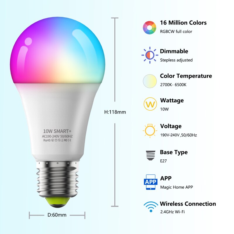 2.4G WiFi Bluetooth Remote Control Full Color 5-Way Light Bulb E27 LED Smart Light Bulbs 10W Home Lighting For Magic Home Pro
