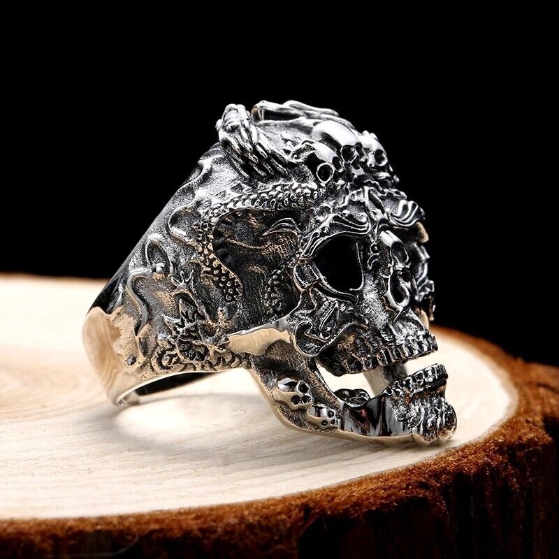 Mens Cool Boys Stainless Steel Skull Ring Vintage Punk Titanium Biker Jewelry