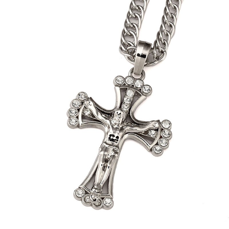 Mens Hip Hop Iced Out Crystal Gold Color Jesus Cross Bling Bling Pendants Necklaces With Cuban Chains Jewelry Xmas: silver color