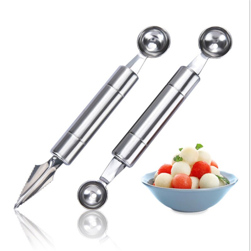 Køkkentilbehør dobbelthoved melon ske udskæring kniv rustfrit stål vandmelon frø grøntsagsskærer form til madlavning .8z