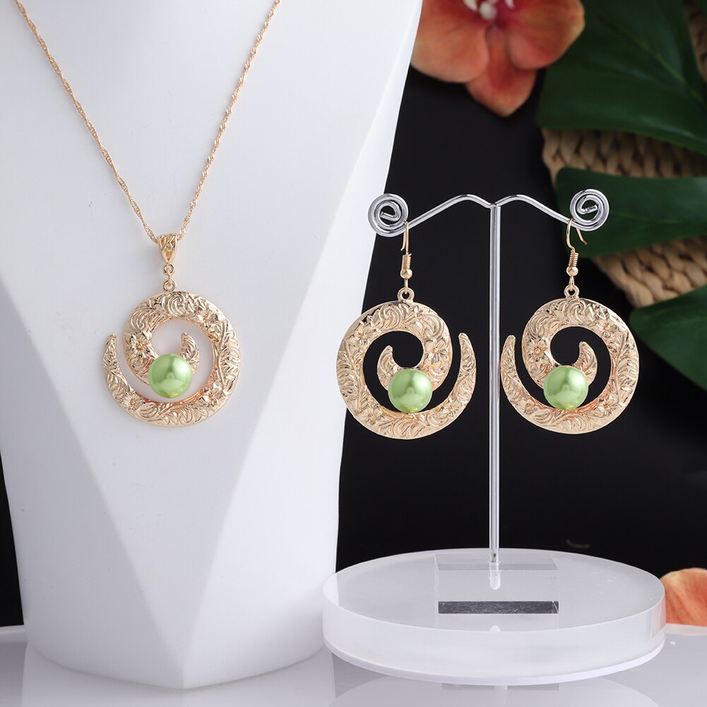 Cring Coco Earrings Necklace Set Hawaiian Polynesian Samoa Gold Colorful Pearl Pendant Necklace Jewelry Set for Women Girls: ZH0539GOQGN