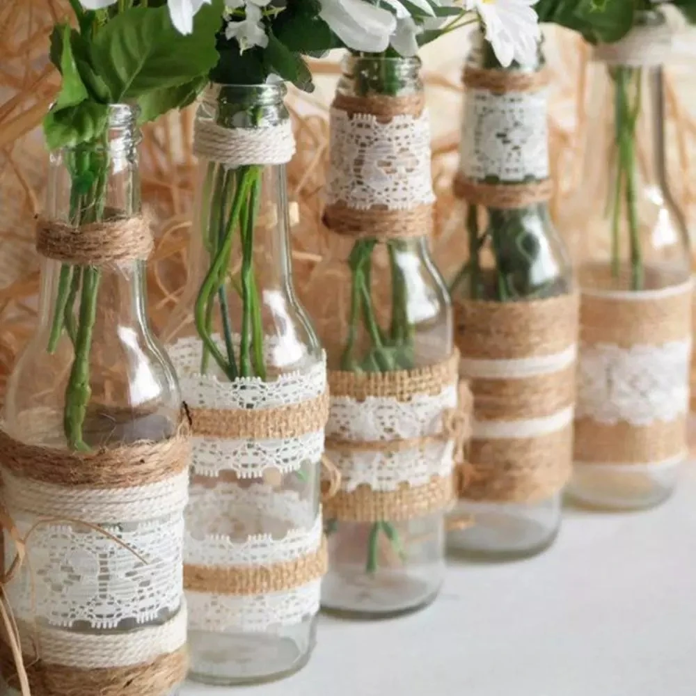 Cinta de encaje de arpillera de yute Natural de 2 metros y 5cm con borde de encaje blanco, decoración rústica de boda para boda, cintas artesanales con lazo DIY