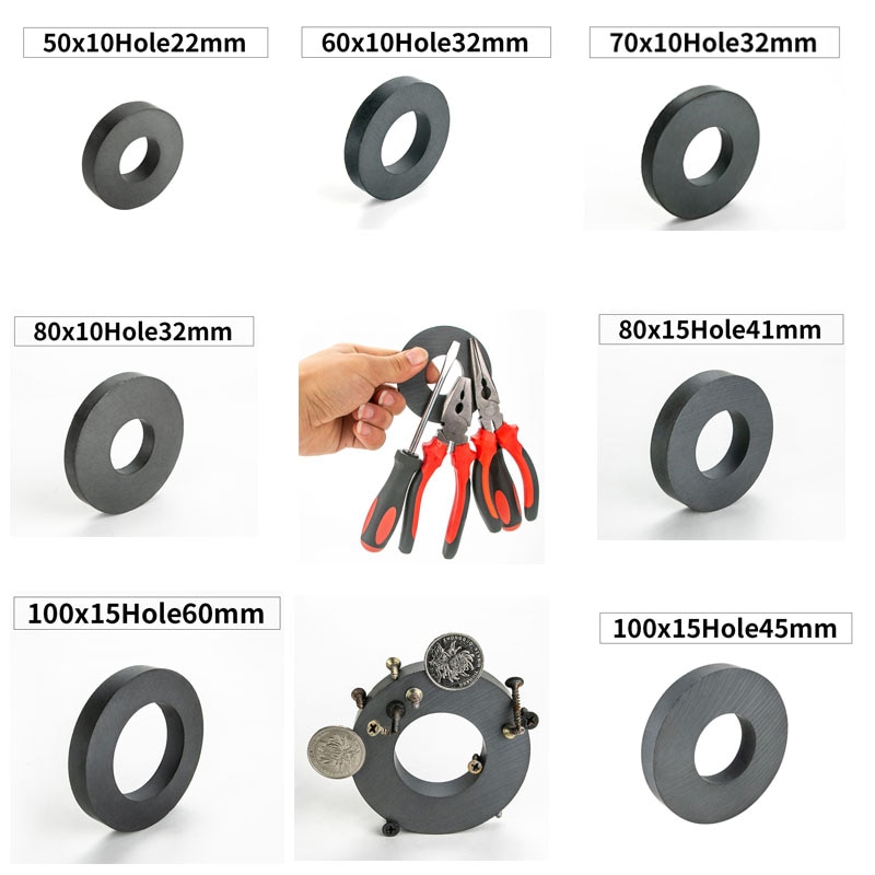 Rkzct 1 st rund ring svart ferritmagnet 7 storlek permanenta keramiska magneter 60 x 10 70 x 10 80 x 10 hål 32 50 x 10 80 x 15 100 x 15mm