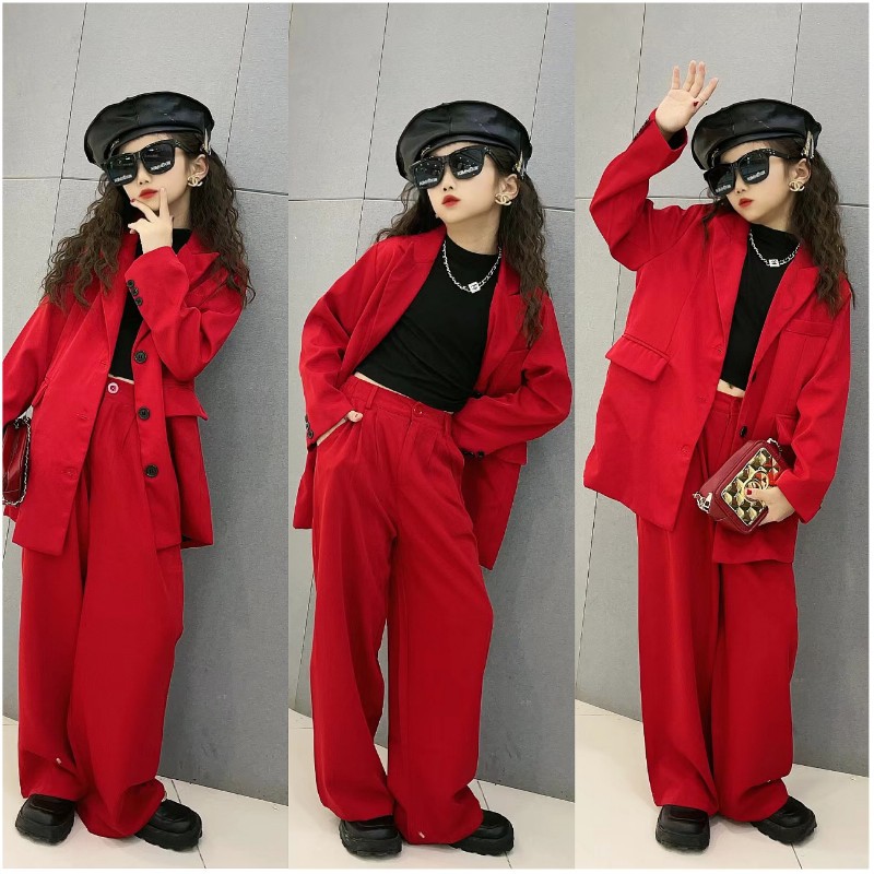 Pak Voor Meisjes Rode Losse Casual Blazer Wijde Pijpen Broek Twee Stukken Tiener Kinderen Outfits 12 13 14 Jaar Kid 'S Kostuum