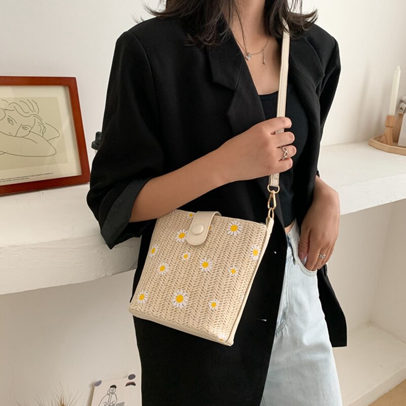 Petite marguerite paille tissé sac besace femme chaine sac seau sac bohème sac cartable