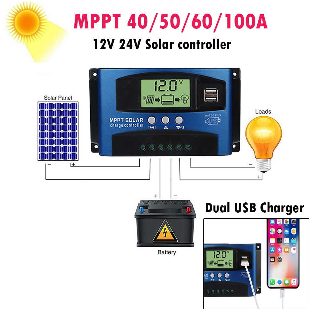 Solar Mppt 100a 60a 50a 40a Charge Controller Dual Usb Lcd Display 12v 24v Solar Cell Panel Charger Regulator With Load#g35