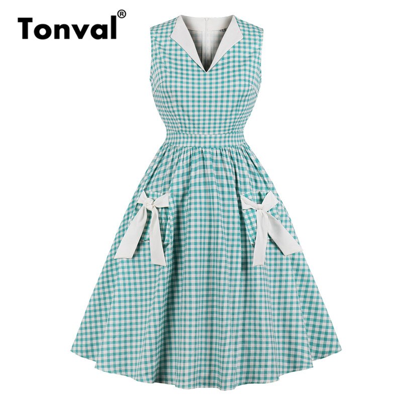 Tonval retro 50s v-ringad gingham röd rockabilly klänning kvinnor slips ficka sida bomull veckad klänning pin up vintage rutiga klänningar: Grön / M