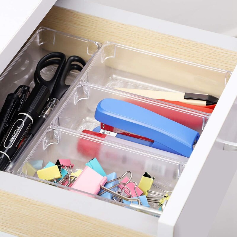 16Pcs 5 Size Plastic Desk Drawer Organizer Set Drawer Tray Dividers Storage Bins Vanity Trays Organizers Container