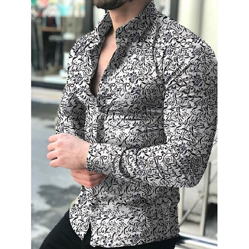 Neue herren Langarm Herbst lässig Taste-Nieder Hemden oben Blumen- drucken Männlich Geschäfts Schlank Muskel Spitzen: Weiß / XL