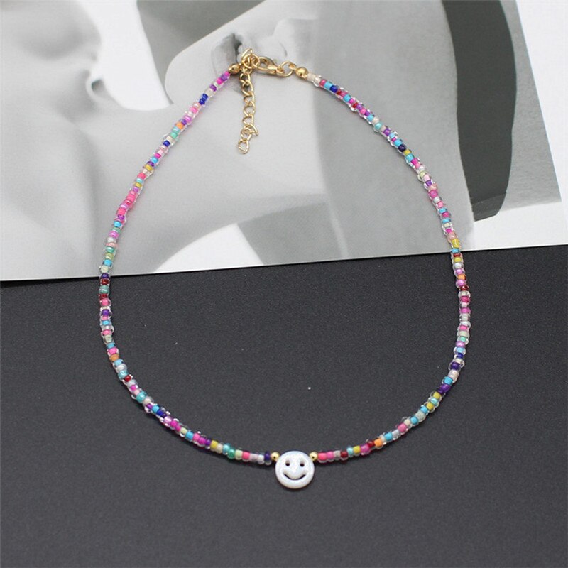 Natural Freshwater Shell Round White Smiley Rainbow Beaded Choker Necklace For Women Chain Jewelry Accessories: 9