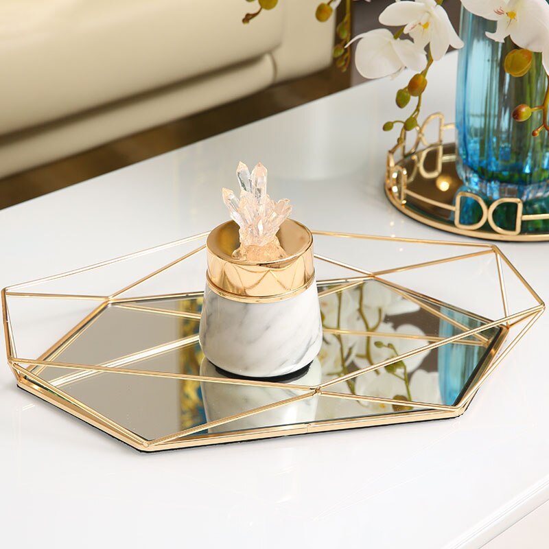 Golden Slag Opbergvak Nordic Glas Spiegel Cosmetische Plaat Desktop Sieraden Display Trays Kaptafel Decoratie Ornamenten