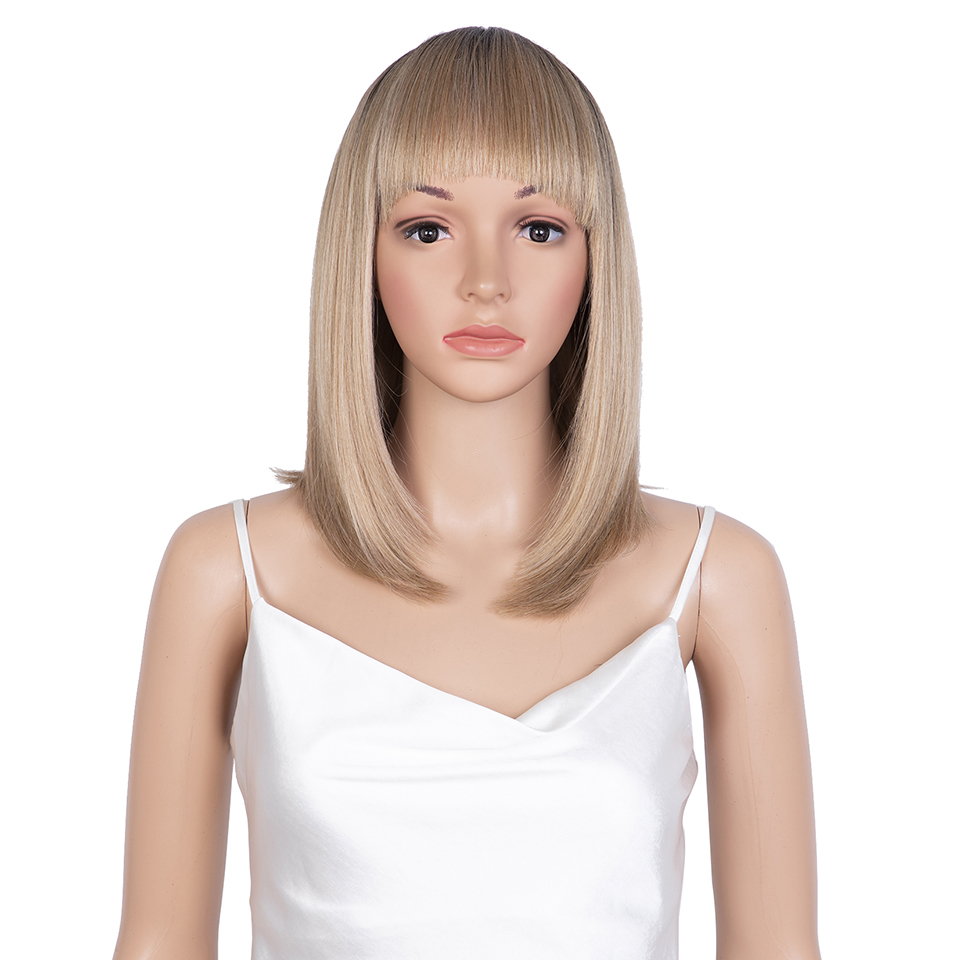 Raising Synthetic Blonde Hair Wig With Bangs Straight Hair Bob Wigs For Black Women 14 Inches Short Hair Full Machine Wig