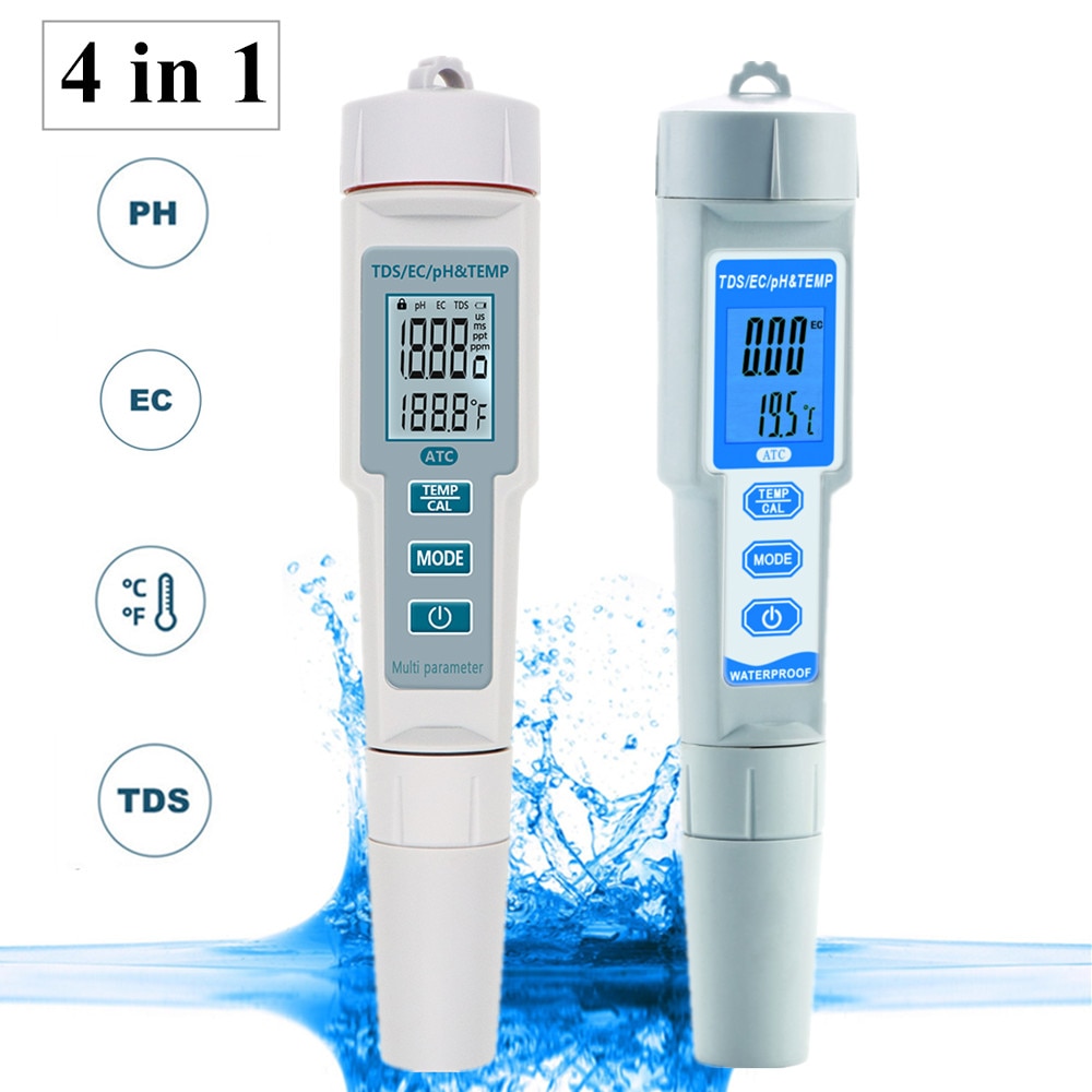4 in 1 PH/TDS/EC/Temp Meter Waterproof PH Meter ATC Digital Water Monitor Tester for Pools Drinking Water Aquariums