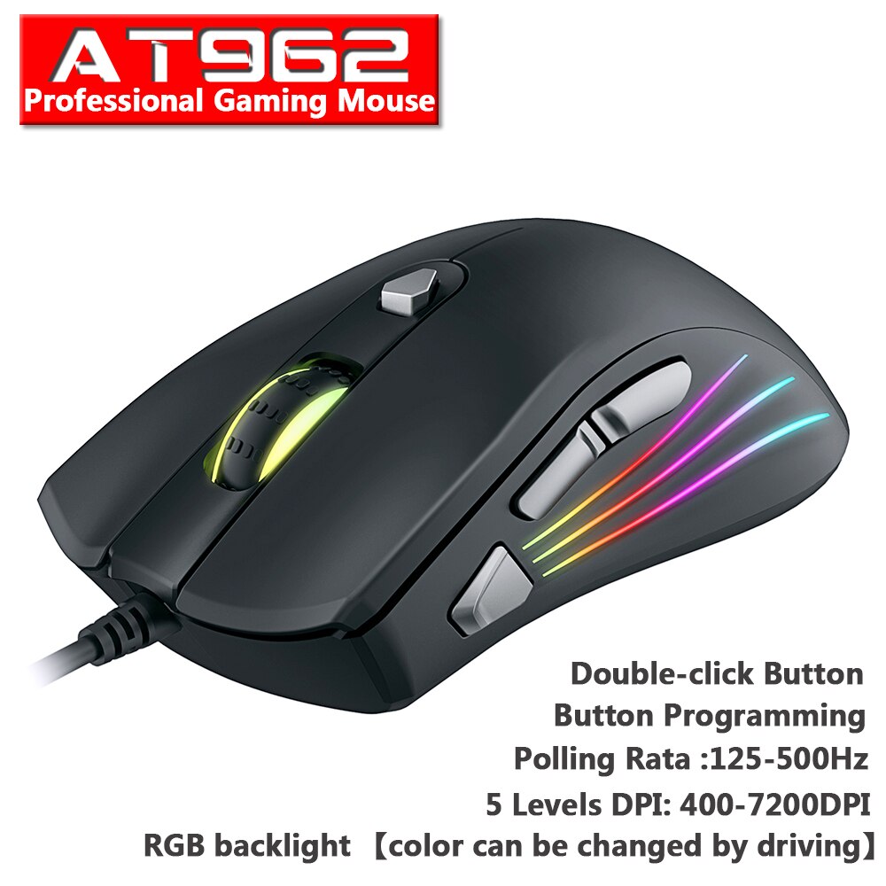 Original Wired Profession Gaming Mouse Mice 3600/7200DPI RGB Backlight LED Optical Sensor 7 Button For Laptop Computer PC Gamer: AT962 Black