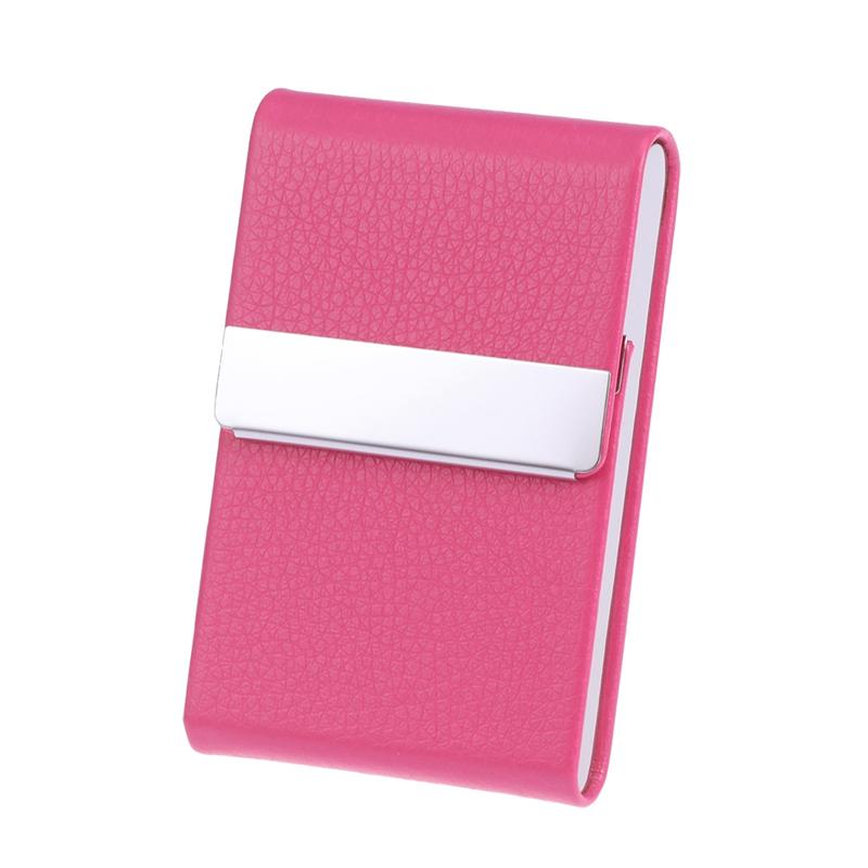 Business Card Holder - Metal PU Leather Case - Unisex Name Visit Card Organizer Box: Rose Red
